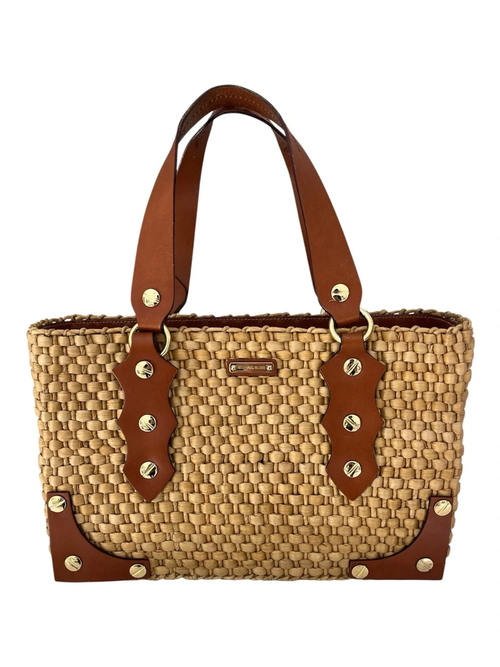 Michael Kors Santorini Leather Rafia Straw Woven Rectangular Straw Shoulder Bag